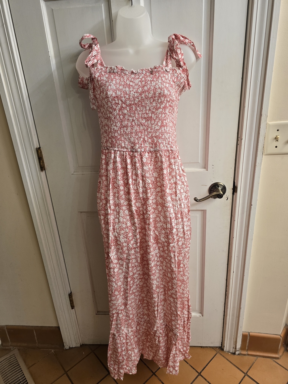 Smocked Tie-Shoulder Maxi Dress in Dusty Pink Floral